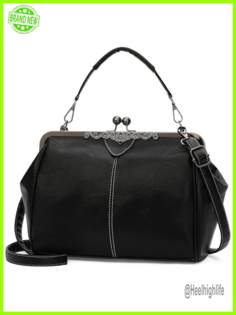 Oil-Wax PU Leather Crossbody Bag Detachable Strap Kiss-Lock Hobo Purse